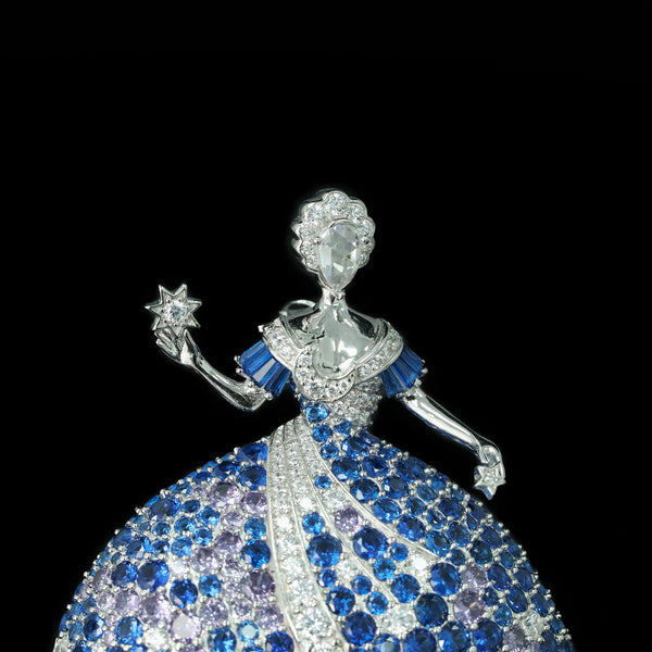 925 Silver Gold Plated High Carbon Diamond Royal Blue Van Family Dancing Elf Fairy Ballet Brooch